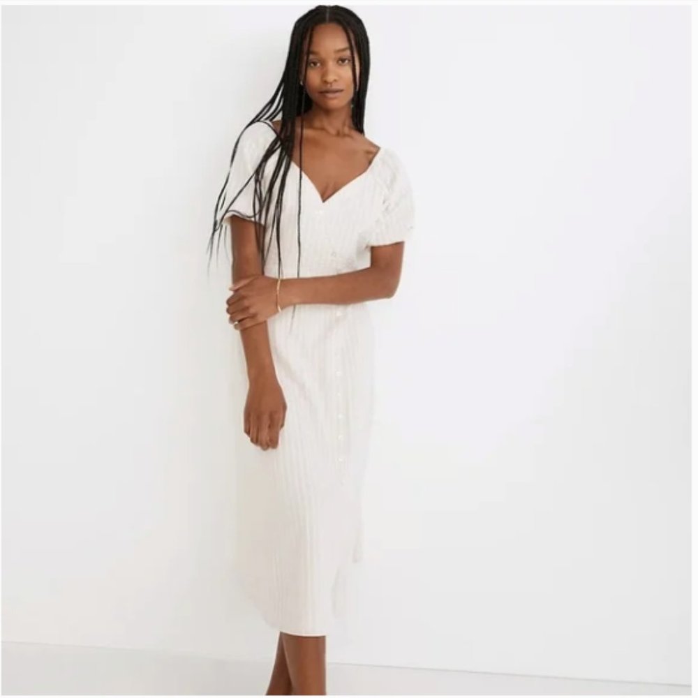 Madewell Puff-sleeve Button-Wrap Midi Dress in Undyed Stripe